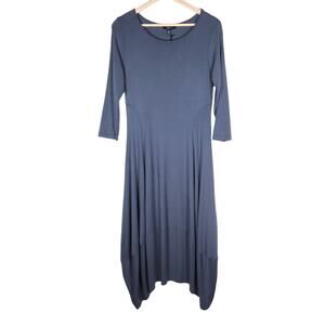 Comfy USA Kati Dress XS Fig Gray Knit 3/4 Sleeve Stretch Asymmetrical Hem Midi